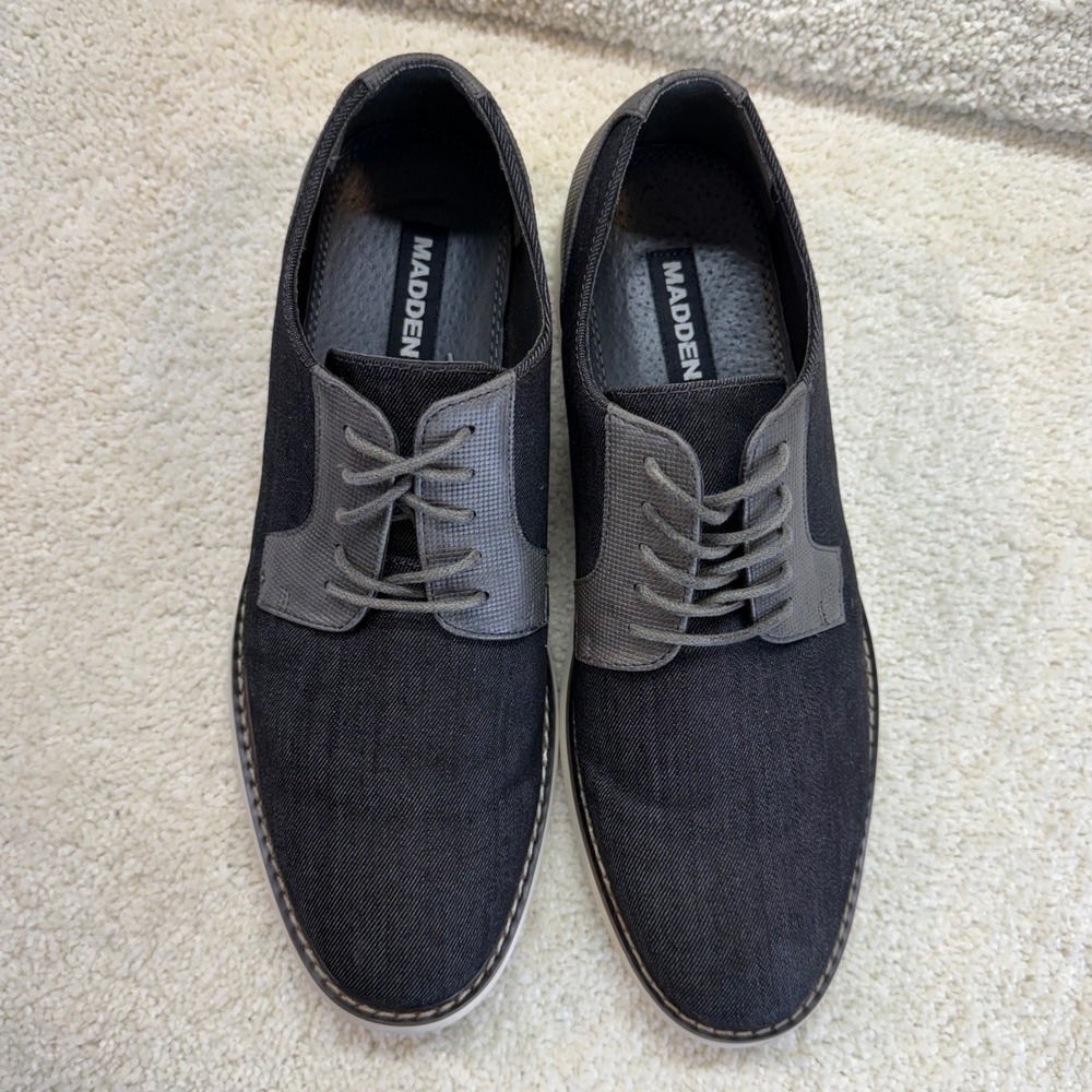 Madden M-DECKER Mens 10 M Black Denim Fabric Derby Oxford Shoes Preppy Likw New‎ - Picture 2 of 8